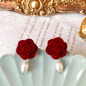 Hand Made Red Rose and Freshwater Pearl 925 Silver Earring